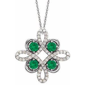 Platinum Lab-Grown Emerald & 1/6 CTW Diamond Clover 18" Necklace