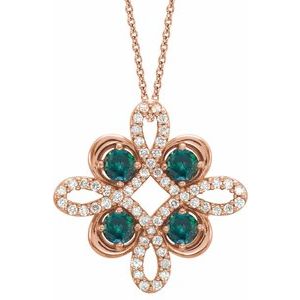 14K Rose Natural Alexandrite & 1/6 CTW Natural Diamond Clover 18" Necklace