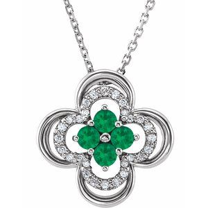 14K White Lab-Grown Emerald & .08 CTW Natural Diamond Clover 18" Necklace