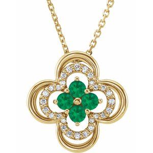 14K Yellow Lab-Grown Emerald & .08 CTW Natural Diamond Clover 18" Necklace