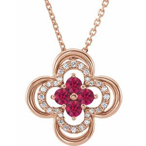 14K Rose Natural Ruby & .08 CTW Natural Diamond Clover 18" Necklace