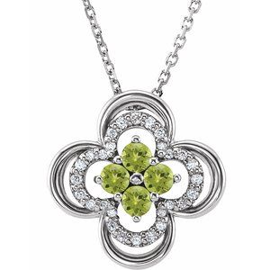 14K White Natural Peridot & .08 CTW Natural Diamond Clover 18" Necklace
