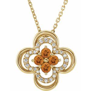 14K Yellow Natural Citrine & .08 CTW Natural Diamond Clover 18" Necklace