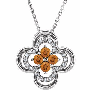 14K White Natural Citrine & .08 CTW Natural Diamond Clover 18" Necklace