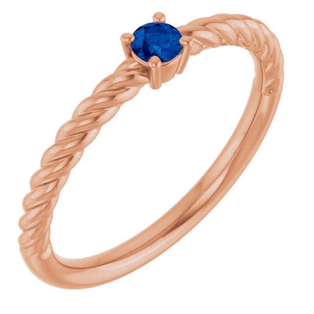 14K Rose 3mm Natural Blue Sapphire Solitaire Rope Ring