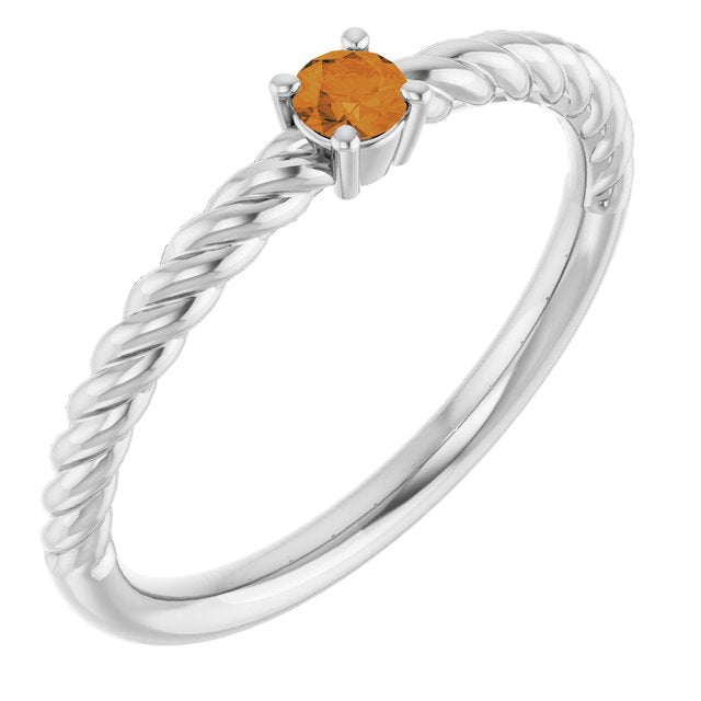 Platinum 3mm Natural Citrine Solitaire Rope Ring