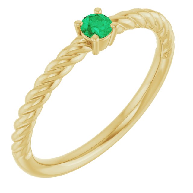 14K Yellow 3 mm Natural Emerald Solitaire Rope Ring