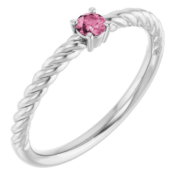 Platinum 3mm Natural Pink Tourmaline Solitaire Rope Ring