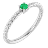 Sterling Silver 3mm Natural Emerald Solitaire Rope Ring