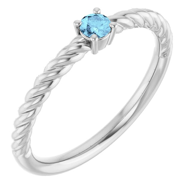 Platinum 3mm Natural Aquamarine Solitaire Rope Ring