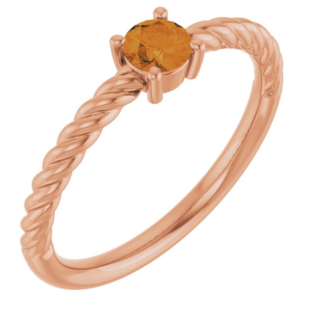 14K Rose 4mm Natural Citrine Solitaire Rope Ring