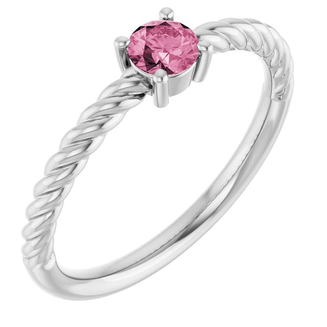 Platinum 4mm Natural Pink Tourmaline Solitaire Rope Ring