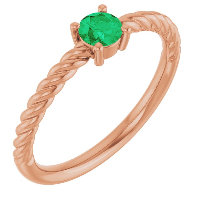 14K Rose 4mm Natural Emerald Solitaire Rope Ring