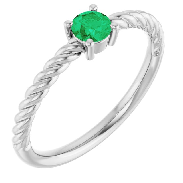 Sterling Silver 4mm Lab-Grown Emerald Solitaire Rope Ring