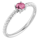 Sterling Silver 4mm Natural Pink Tourmaline Solitaire Rope Ring