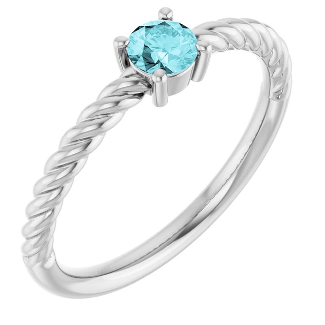 Platinum 4mm Natural Blue Zircon Solitaire Rope Ring