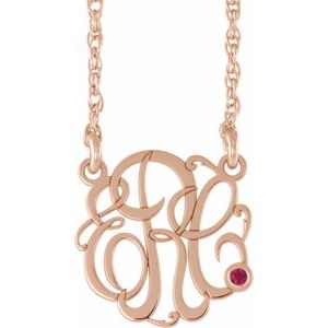 14K Rose Gold-Plated Sterling Silver 25 mm 3-Initials Imitation Ruby Script Monogram 18" Necklace