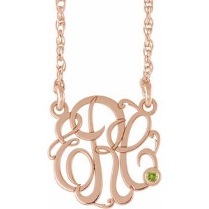 14K Rose Gold-Plated Sterling Silver 25 mm 3-Initials Imitation Peridot Script Monogram 18" Necklace