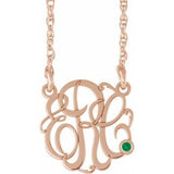 14K Rose Gold-Plated Sterling Silver 30 mm 3-Initials Imitation Emerald Script Monogram 18" Necklace