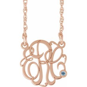 14K Rose Gold-Plated Sterling Silver 30 mm 3-Initials Imitation Aquamarine Script Monogram 18" Necklace