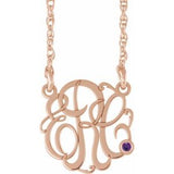 14K Rose Gold-Plated Sterling Silver 25 mm 3-Initials Imitation Amethyst Script Monogram 18" Necklace