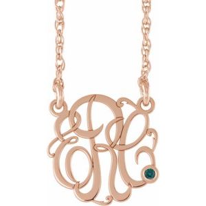 14K Rose Gold-Plated Sterling Silver 30 mm 3-Initials Imitation Alexandrite Script Monogram 18" Necklace