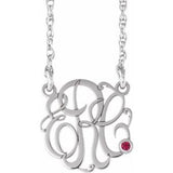 Rhodium-Plated Sterling Silver 20 mm 3-Initials Imitation Ruby Script Monogram 18" Necklace