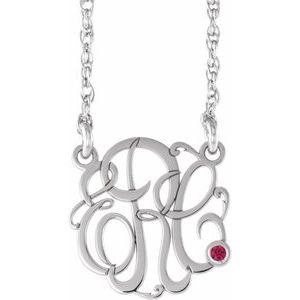Rhodium-Plated Sterling Silver 20 mm 3-Initials Imitation Ruby Script Monogram 18" Necklace