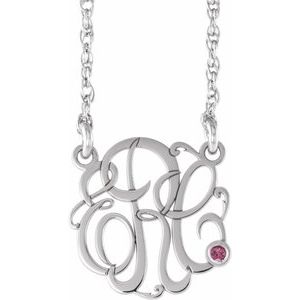 Rhodium-Plated Sterling Silver 20 mm 3-Initials Imitation Pink Tourmaline Script Monogram 18" Necklace