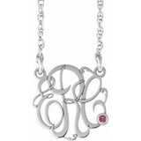 Rhodium-Plated Sterling Silver 30 mm 3-Initials Imitation Pink Tourmaline Script Monogram 18" Necklace