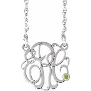 14K White 20 mm 3-Initials Imitation Peridot Script Monogram 18" Necklace