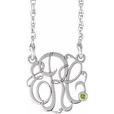 Rhodium-Plated Sterling Silver 20 mm 3-Initials Imitation Peridot Script Monogram 18" Necklace