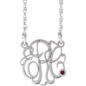 Rhodium-Plated Sterling Silver 25 mm 3-Initials Imitation Mozambique Garnet Script Monogram 18" Necklace