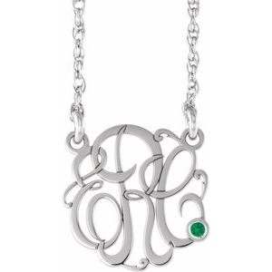10K White 20 mm 3-Initials Imitation Emerald Script Monogram 18" Necklace