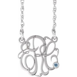 10K White 30 mm 3-Initials Imitation Aquamarine Script Monogram 18" Necklace