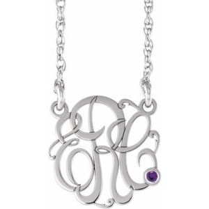10K White 25 mm 3-Initials Imitation Amethyst Script Monogram 18" Necklace