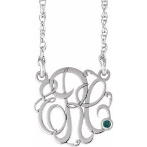 14K White 30 mm 3-Initials Imitation Alexandrite Script Monogram 18" Necklace