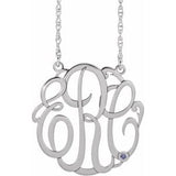 Rhodium-Plated Sterling Silver 20 mm 3-Initials Imitation Blue Zircon Script Monogram 18" Necklace