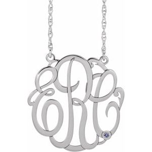 Rhodium-Plated Sterling Silver 20 mm 3-Initials Imitation Blue Zircon Script Monogram 18" Necklace