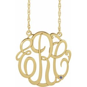 14K Yellow 20 mm 3-Initials Imitation Blue Zircon Script Monogram 18" Necklace