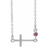14K White Natural Pink Tourmaline Sideways Cross 16-18" Necklace