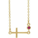14K Yellow Natural Pink Tourmaline Sideways Cross 16-18" Necklace