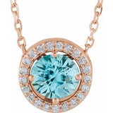 14K Rose Natural Blue Zircon &amp; .05 CTW Natural Diamond Halo-Style 16" Necklace