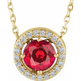 14K Yellow Lab-Grown Ruby &amp; .05 CTW Natural Diamond Halo-Style 16" Necklace