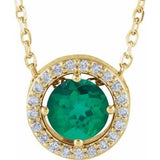 14K Yellow Lab-Grown Emerald &amp; .05 CTW Natural Diamond Halo-Style 16" Necklace