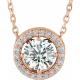 14K Rose Natural White Sapphire &amp; .05 CTW Natural Diamond Halo-Style 16" Necklace