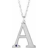 14K White Engravable Imitation Blue Sapphire Initial A 18" Necklace