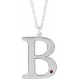 Rhodium-Plated Sterling Silver Engravable Imitation Mozambique Garnet Initial B 18" Necklace