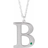 Rhodium-Plated Sterling Silver Engravable Imitation Emerald Initial B 18" Necklace