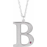 Rhodium-Plated Sterling Silver Engravable Imitation Pink Tourmaline Initial B 18" Necklace